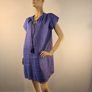 Pomegranate Linen Dress Relaxed Pom Pom Mini Shift Womens Sz XL Royal Blue FLAW